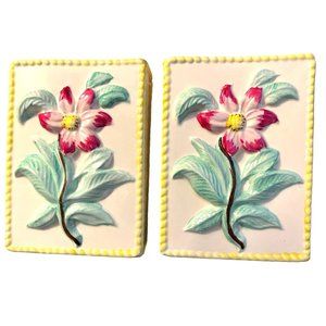 PV PEASANT VILLAGE Pair of Vases Majolica Pottery Rectangular Raised Flowers VTG
